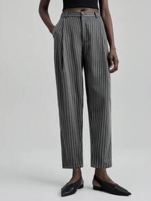 Ontre 2025 Women's Grey Striped Pants,Business Casual Summer Office Wear,Black & White Striped,All Seasons Autumn/Winter,Halloween Christmas Oktoberfest,3/4 - Black and White - View 4