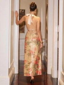 Poéselle 女士优雅性感花卉亮片露背吊带连衣裙 - 杏色 - 查看 4