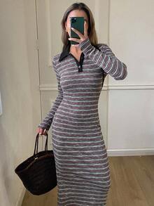 DAZY 秋冬女士拼色条纹修身腰长袖 Polo 领休闲街头风格连衣裙 - 灰色 - 查看 3