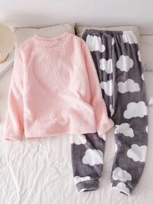 Genkimix Kids 女童毛绒睡衣套装，秋冬季，可爱粉色云朵爱心刺绣长袖上衣搭配灰色云朵印花长裤，两件套家居服 - 粉色 - 查看 2