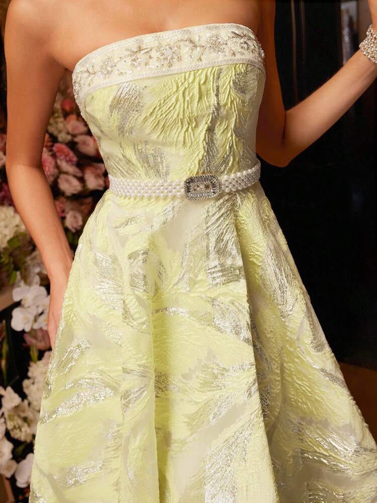 MOTF Soiréza WOMEN'S JACQUARD EMBROIDERED BANDEAU PATCHWORK FLARE HEM CEREMONIAL COCKTAIL TUBE DRESS WITHOUT BELT