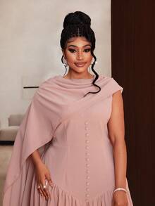 Maweii Plus Size Women Solid Color Pleated Button Design Elegant Dress - Khaki - View 4