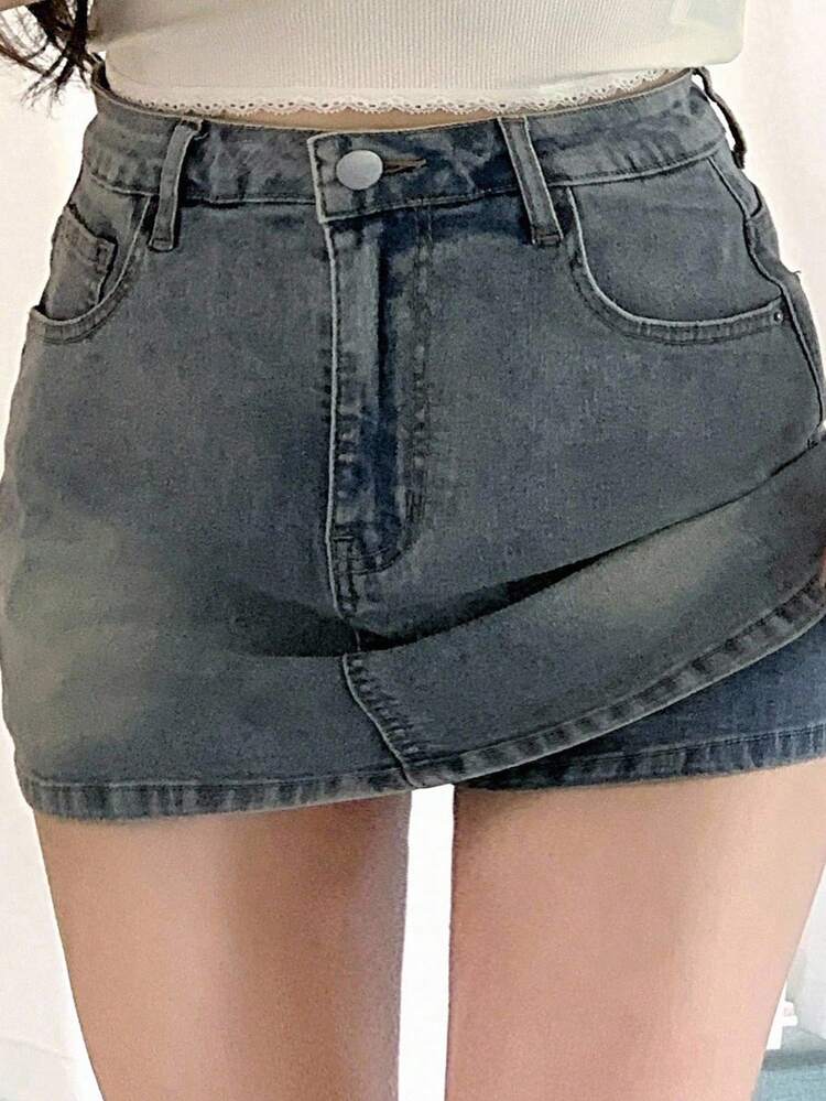 Distressed Denim Wrap-Around Bodycon Safety Shorts Skirt, Spring/Summer