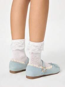 ROMWE Kawaii 女士蓝色玛丽珍鞋、包头乐福鞋、蝴蝶结蕾丝洛丽塔芭蕾平底鞋 - 藍色 - 查看 5