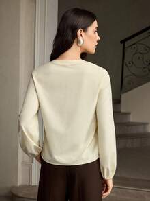 ZEYLAH 女士优雅长袖打结衬衫，修身时尚 - 杏色 - 查看 3