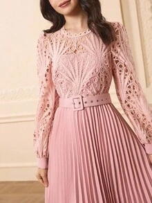 少女圆领长袖蕾丝拼布褶皱优雅派对连衣裙，适合万圣节、圣诞节 - 粉色 - 查看 7