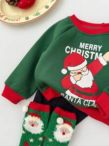 Sudadera con cuello redondo y mangas raglán con estampado de letras de dibujos animados y Papá Noel para bebé niño - Verde - Ver 6