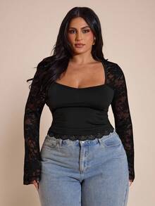 SHEIN CURVE+ CURVE PLUS /Ziua Îndrăgostiților/Bluză la modă cu mânecă lungă, model patchwork din dantelă, mărime mare, pentru femei, concert pentru femei, club sexy pentru femei, body pentru ziua de naștere, Curve, Crăciun, Ziua Națională, absolvire, Ziua Îndrăgostiților/2026 /Anul Nou, îmbrăcăminte casual și îmbrăcăminte de Ziua Îndrăgostiților