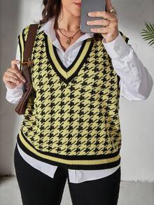Elenzga 大码女式 V 领宽松休闲针织背心上衣，卡其色黑色拼色千鸟格提花套头毛衣背心，适合日常穿着，春秋季 - 淡黃色 - 查看 6