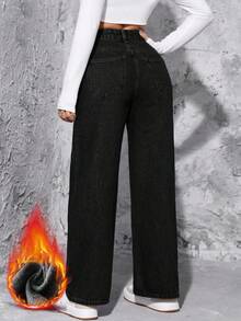 SHEIN PETITE 女士纯色口袋阔腿牛仔裤，秋冬时尚 - 黑色 - 查看 2