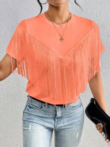 EMERY ROSE Solid Color Round Neck Tassel Decor Casual Summer Short Sleeve T-Shirt