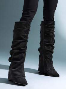 Solezae Women's Knee-High Pointed Toe Slouch Wedge Boots, Suitable For Daily Casual & Holiday Wear - Black - View 7