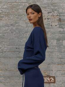 MUSERA Knit V-Neck Button Up Ribbed Waist Cinched Cuff Cardigan Spring Y2K 90's Casual Cute Airport Holiday Summer Vacation Fall Autumn Winter Everyday  Work Office   Chic Sweater Spring - Navy Blue - View 2