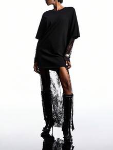 LYSMO Vestido largo holgado con cuello redondo y encaje de contraste para mujer