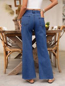 SHEIN LUNE Quần jean ống đứng túi cài nút đa năng thường ngày dành cho nữ - Rửa trung bình - Xem 2