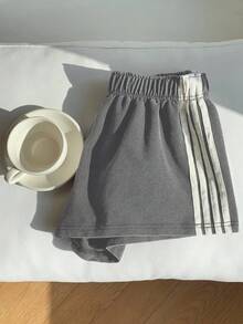 Comfortcana Quần short ống rộng dệt kim màu xám, họa tiết sọc chắp vá, thường ngày mùa hè dành cho nữ - Xám - Xem 3