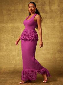 Vixey 流苏下摆罗纹腰带超长毛衣裙 - 玫紅色 - 查看 3