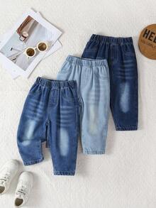 SHEIN Bộ 3 quần jeans phong cách thường ngày cho bé gái, màu xanh nhạt, xanh vừa, xanh đậm, dáng ôm, chất liệu denim cotton thoải mái, thích hợp mặc hàng ngày, xuân/hè/thu/đông - Nhiều màu - Xem 1