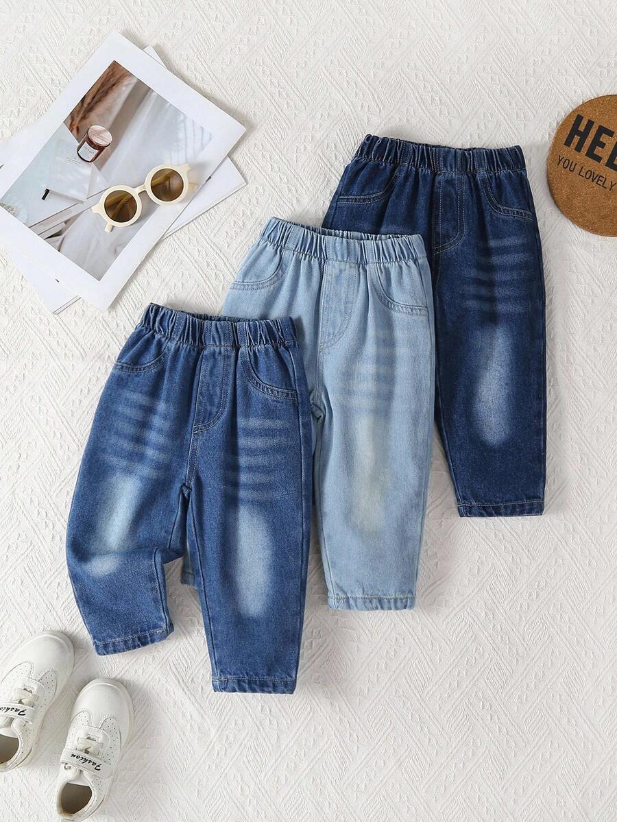 SHEIN Bộ 3 quần jeans phong cách thường ngày cho bé gái, màu xanh nhạt, xanh vừa, xanh đậm, dáng ôm, chất liệu denim cotton thoải mái, thích hợp mặc hàng ngày, xuân/hè/thu/đông - Nhiều màu - Xem 1