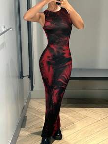 SHEIN ICON Graphic Print Split Thigh Tank Long Dress Ankle Length Dress,Wedding Guest Dress - Red - View 5