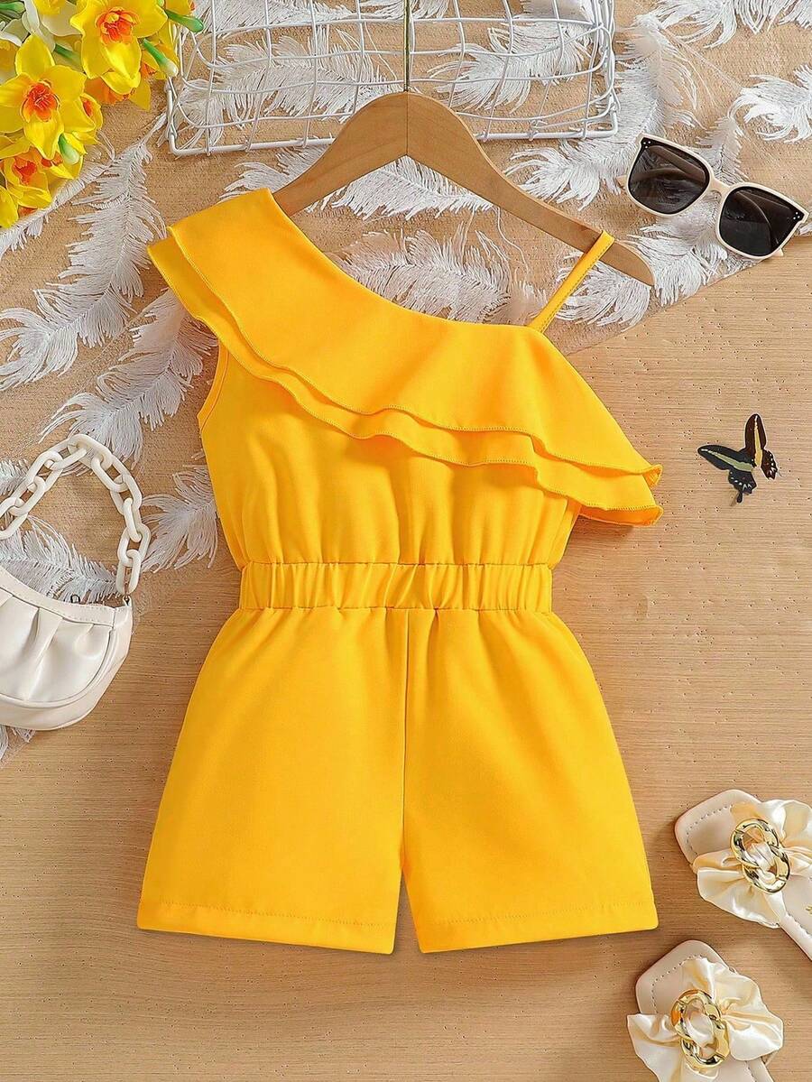 SHEIN Mono con cuello asimétrico y dobladillo con volantes en un unicolor para niña joven - Amarillo - Ver 1