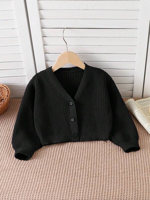 SHEIN Playful Pals Young Girl Solid Color V-Neck Short Casual Button-Up Cardigan Black Cardigan Toddler Cardigan Kids Cardigan Cropped Cardigan Girls Cardigan Fall Winter Cropped Cardigan Tween 7 Yrs Old Girl Shrug Cardigan Kids Sweaters For Girls Button Girl Cardigan Sweater