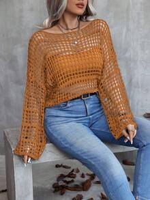 EMERY ROSE 大码女式休闲宽松针织毛衣，露肩，镂空，性感喇叭袖，半透明，黑色，春秋 - 棕色 - 查看 4