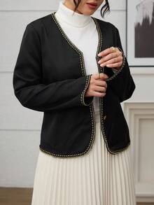 Lacomfia Women's Elegant Commuter Contrast Trim Short Jacket - Black - View 4