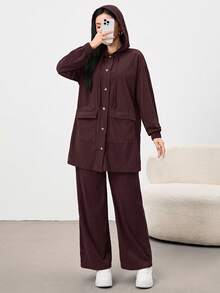 Mulvari 2pcs Khaki Women Casual Daily Hooded Shirt And Pants Set, Autumn/Winter 2 Pieces Set - Coffee Brown - View 6