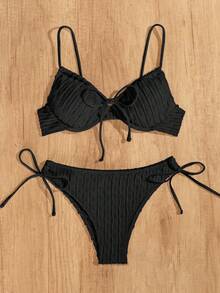 Swim Basics Sexy Bikini Set With Underwire, Non-Push Up, Suitable For Beach Vacation - Black - View 3