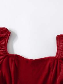 SHEIN Tween Girl Casual Minimalist Comfortable Puff Sleeve A-Line Waist Cinched Dress - Red - View 6