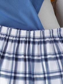 SHEIN 4pcs/Set Boys' Casual Solid Color Short Sleeve Top And Plaid Shorts Loungewear Set, Comfortable And Loose Fit - Grey - View 6