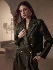 MOTF PREMIUM PU LEATHER DOUBLE BREASTED JACKET & WIDE LEG PANTS SET