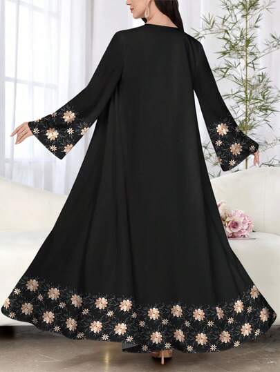 SHEIN Najma 女式白色仿刺绣花卉印花长袖休闲阿拉伯长袍，春秋季