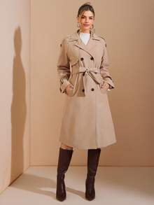 Amorya Women's Elegant Leopard Print Vintage Thermal Lined Trench Coat, Suitable For Daily Commute And Multiple Occasions, Autumn Women's Winter Clothes,Fall - Khaki - View 6