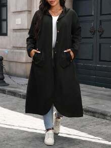 SHEIN PETITE CURVE Plus 双口袋落肩连帽大衣 - 黑色 - 查看 1
