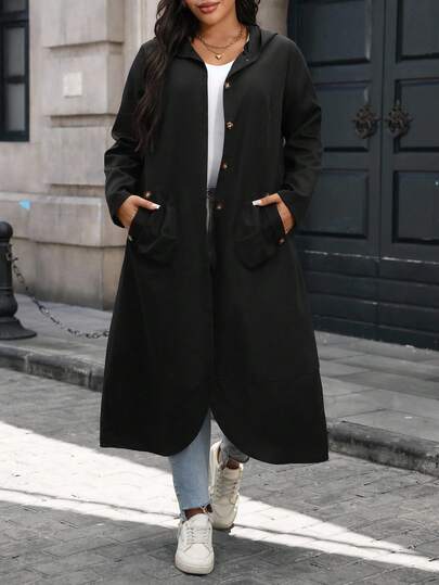 SHEIN PETITE CURVE Plus 双口袋落肩连帽大衣