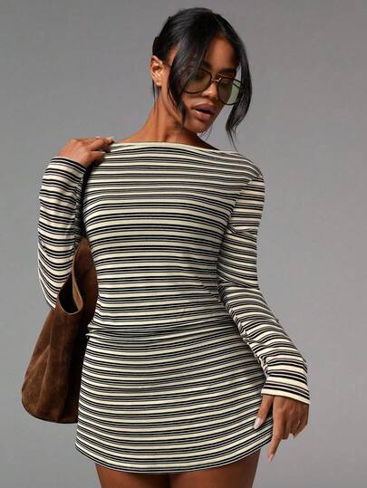 Athîral Randig långärmad miniklänning för kvinnor