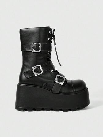 Grunge Punk 2025 Autumn/Winter New Punk Style Round Toe Heart Buckle Lace-Up Platform Thick Sole Boots, Outdoor Fashion Slip-On Mid-Calf Boots