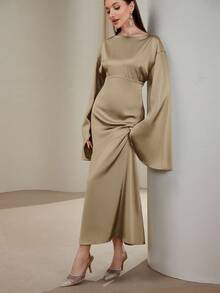 Veilorie 女式优雅纯色束腰长袖连衣裙 - 卡其色 - 查看 6