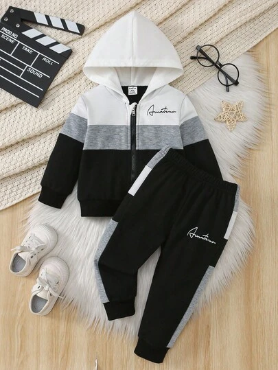 SHEIN 男婴休闲拼色连帽衫和裤子套装，秋季