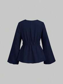 Sweetra 女式休闲纯色系带长袖上衣 - 藏蓝色 - 查看 2