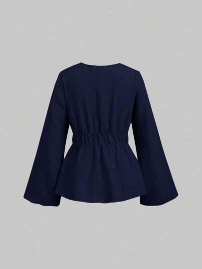 Sweetra Women's Casual Solid Color Lace-Up Long Sleeve Top