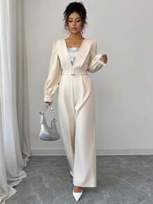 Selianne Bộ đồ liền thân chắp vá sequin thanh lịch dành cho nữ, thắt eo, mùa thu - Màu be - Xem 6