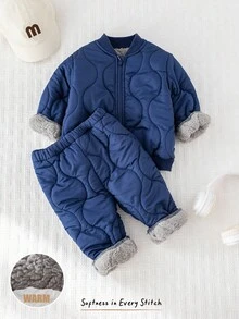 Cozy Pixies 2件套男婴纯色拉链保暖内衬夹克和松紧腰裤套装 - 藍色 - 查看 7
