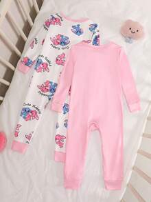 2pcs Baby Girls Cute Cartoon Rabbit Jumpsuit, Comfortable Casual Snug Fit Homewear, Spring/Autumn Snug Fit Fall Winter - Pink - View 7