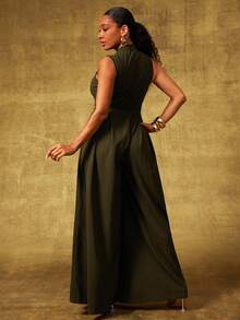 Vixey Olive Green Jersey Knit Front Zip Pleated Waist Culotte Jumpsuit, Going Out - Dark Green - View 2