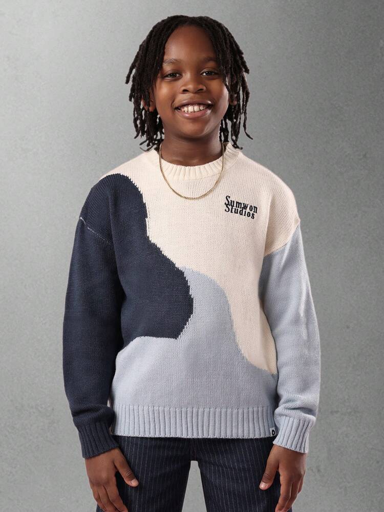 Color Block Knit Sweater With Logo Embroidery
