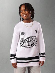 SUMWON Youth Oversized Knit Jumper Retro Graphic Athletic Department Streetwear Fashion Sweater With Black Contrast Stripes Crew Neck Long Sleeve Winter Pullover Fall - Black and White - View 1