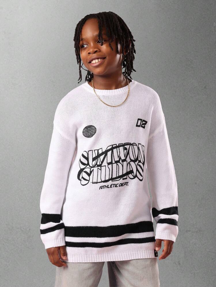 Knit Jumper With Athletic Department Graphics And Contrast Stripes